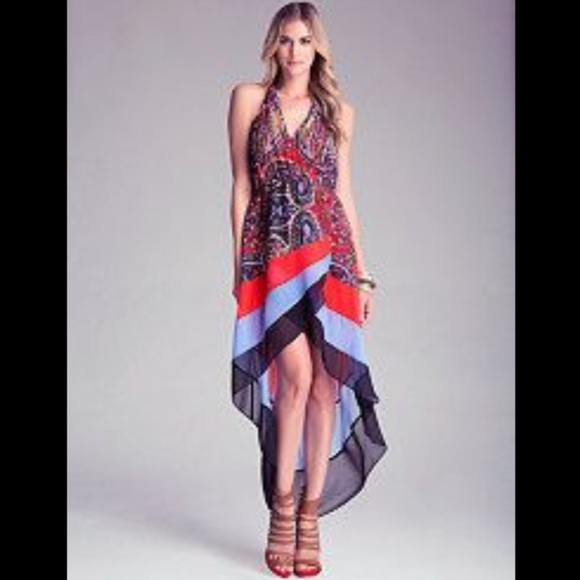 bebe Dresses & Skirts - Bebe Hi Low Printed Halter Dress with Tie Neck